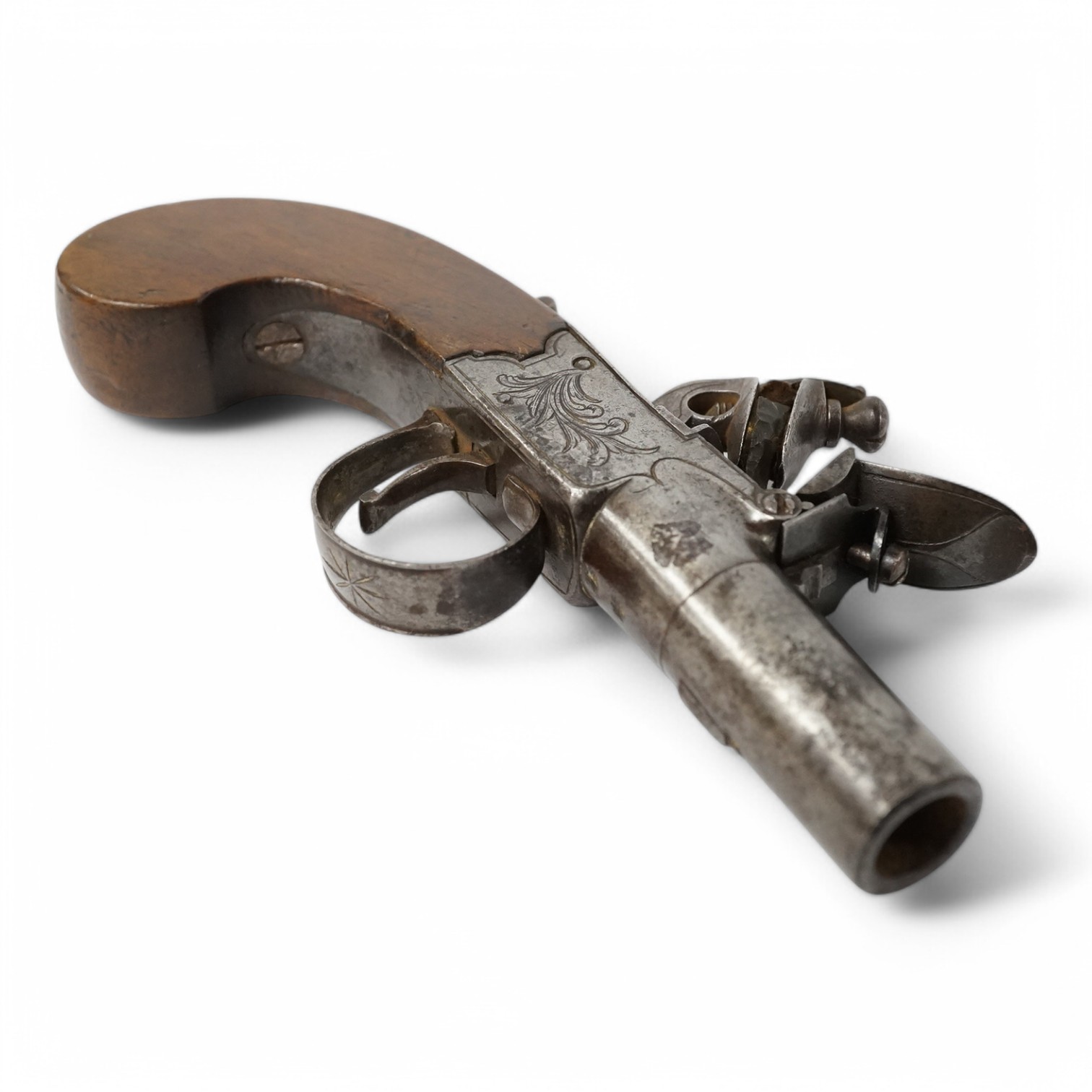 A boxlock flintlock pocket pistol with turn off barrel, Birmingham proof, frame engraved with flag trophy and foliage signed Boston within oval, sliding top thumb safety, slab walnut grip. Condition - fair to good.
